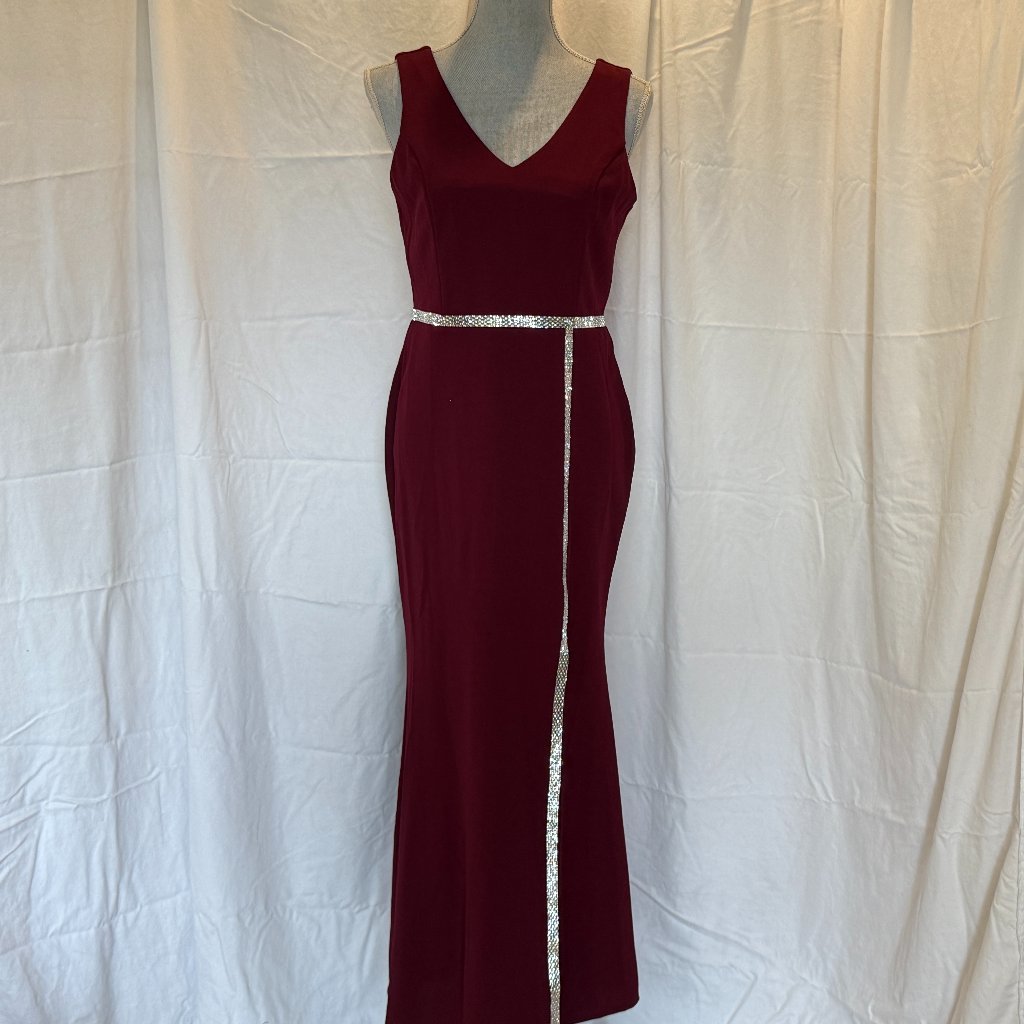 New Bell Elegant Burgundy Sequence Red Formal Maxi Gown V Neck Sleeveless Size L